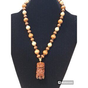 Vintage Signed Hobè Foo Dog Wooden Beaded Pendant Necklace 21"